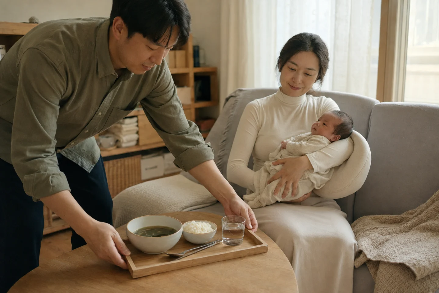 집에서 아기를 안고 쉬는 엄마에게 동반자가 식사와 물을 가져다주는 모습