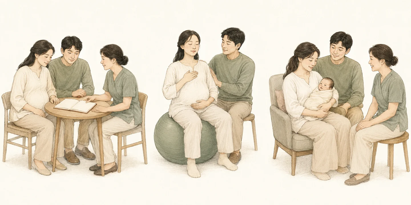 왼쪽부터 조산사와 상담하는 부부, 함께 출산 자세를 연습하는 부부, 출산 후 아기를 안고 돌봄을 받는 가족의 세 장면.