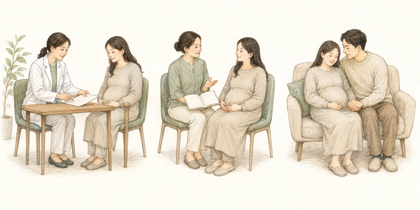 산부인과 의사와 진료 기록을 살피고, 조산사와 상담하고, 동반자와 손을 잡고 이야기하는 세 장면