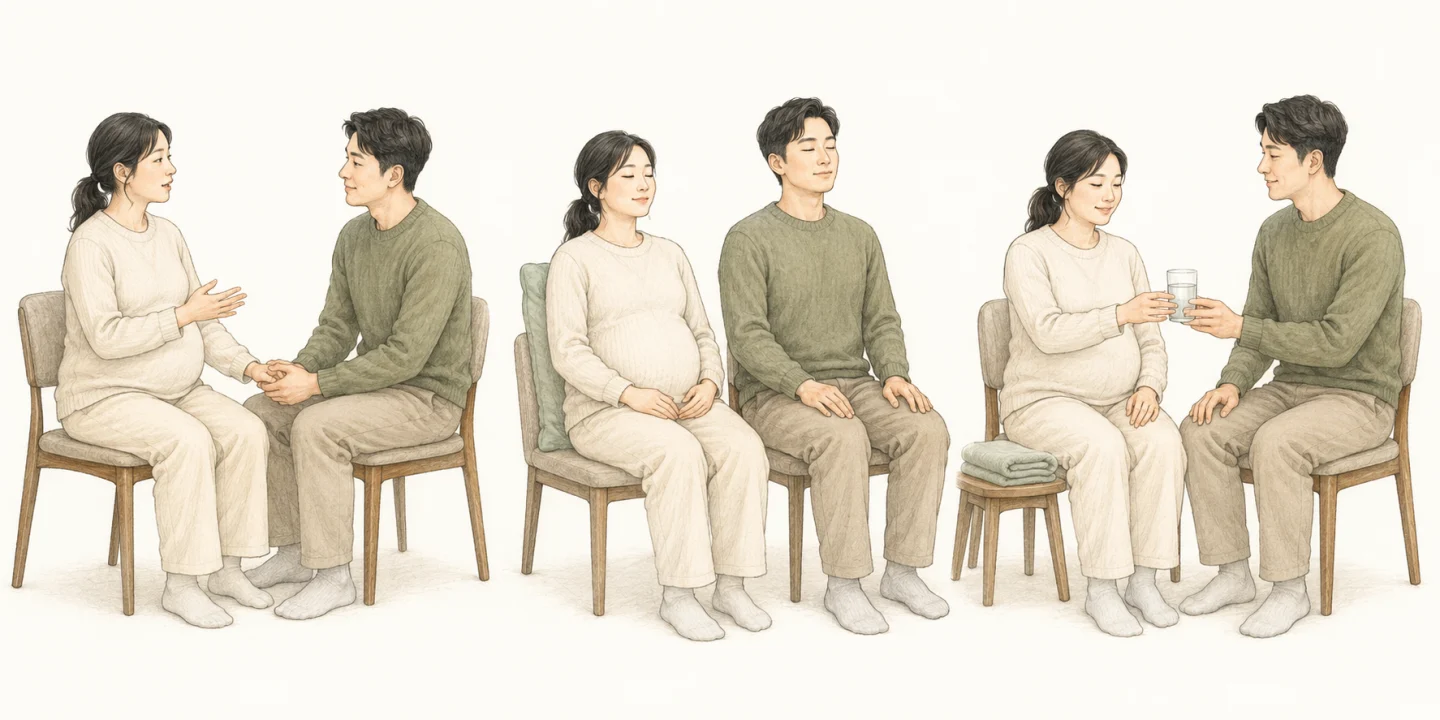 동반자가 산모의 이야기를 듣고, 함께 차분히 호흡하고, 물과 수건을 챙기는 세 장면